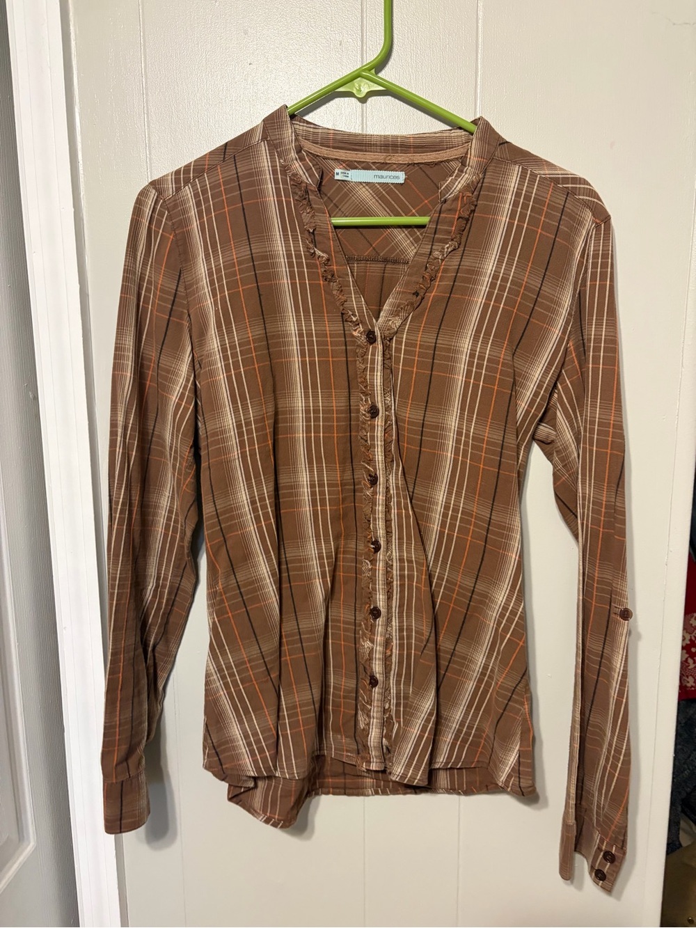 Maurices Brown Plaid Ruffle-Trim Button Front Top